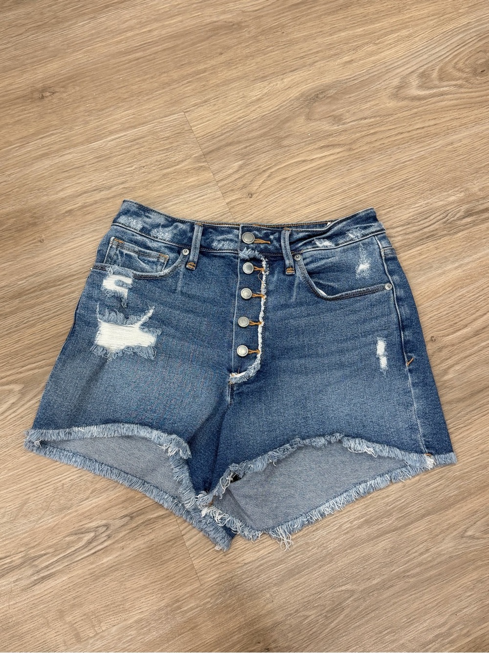 Good American Indigo Distressed High-Rise Button-Fly Denim Shorts